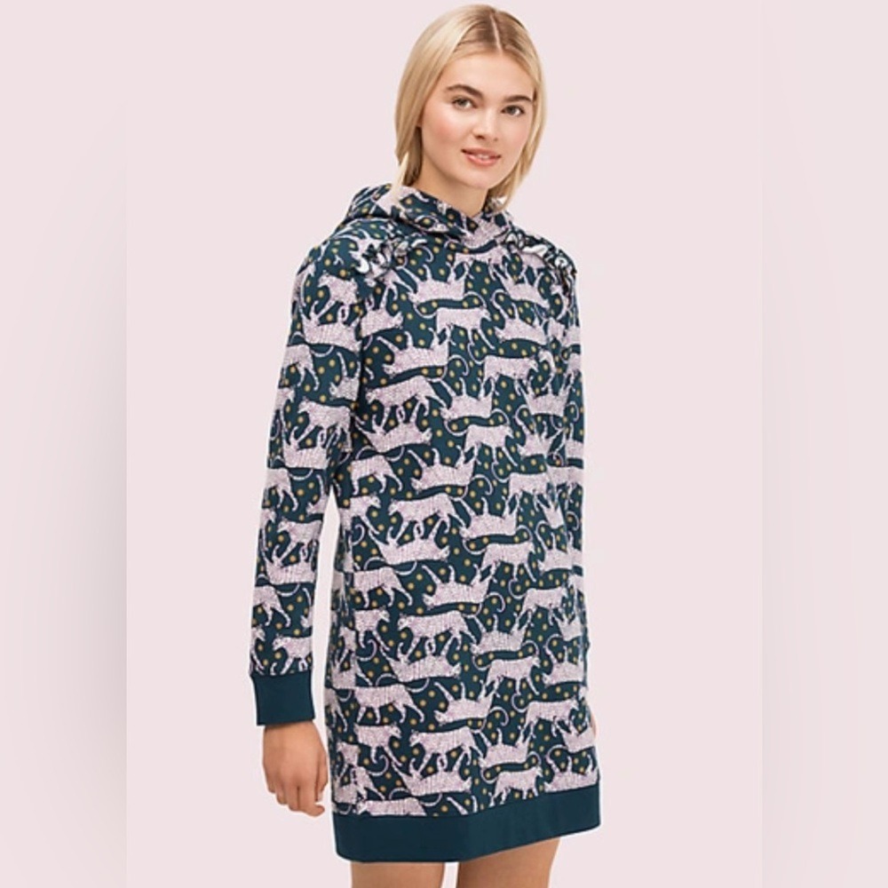 Kate Spade Hoodie Dress Womens XS Navy Blue Leopard Polka Dot Mini Sweatshirt